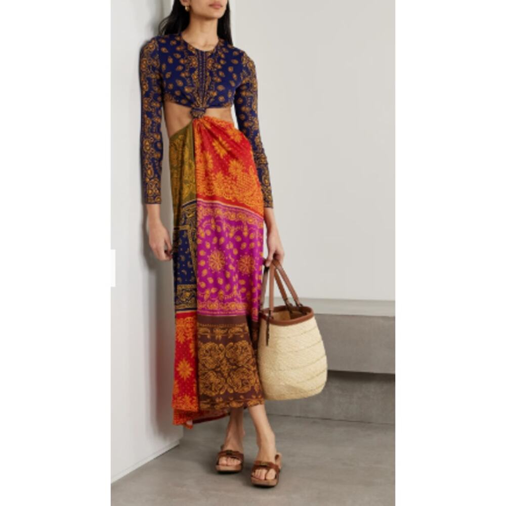 Farm Rio Knotted Cutout Maxi Dress Small Printed Jersey Colorblock - Picture 2 of 12